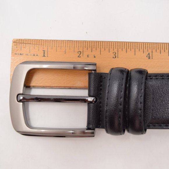 Faux Leather Belt Men 61 65 Black Career Professional Silvertone Buckle Preppy - Picture 9 of 11